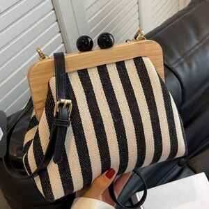 Striped crossbody bag shoulder black tote purse wood hobo canvas vintage boho